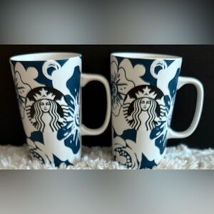 Set Of 2 16oz Starbucks Blue Floral Hibiscus Flower Ceramic Coffee Mugs Hawaiian